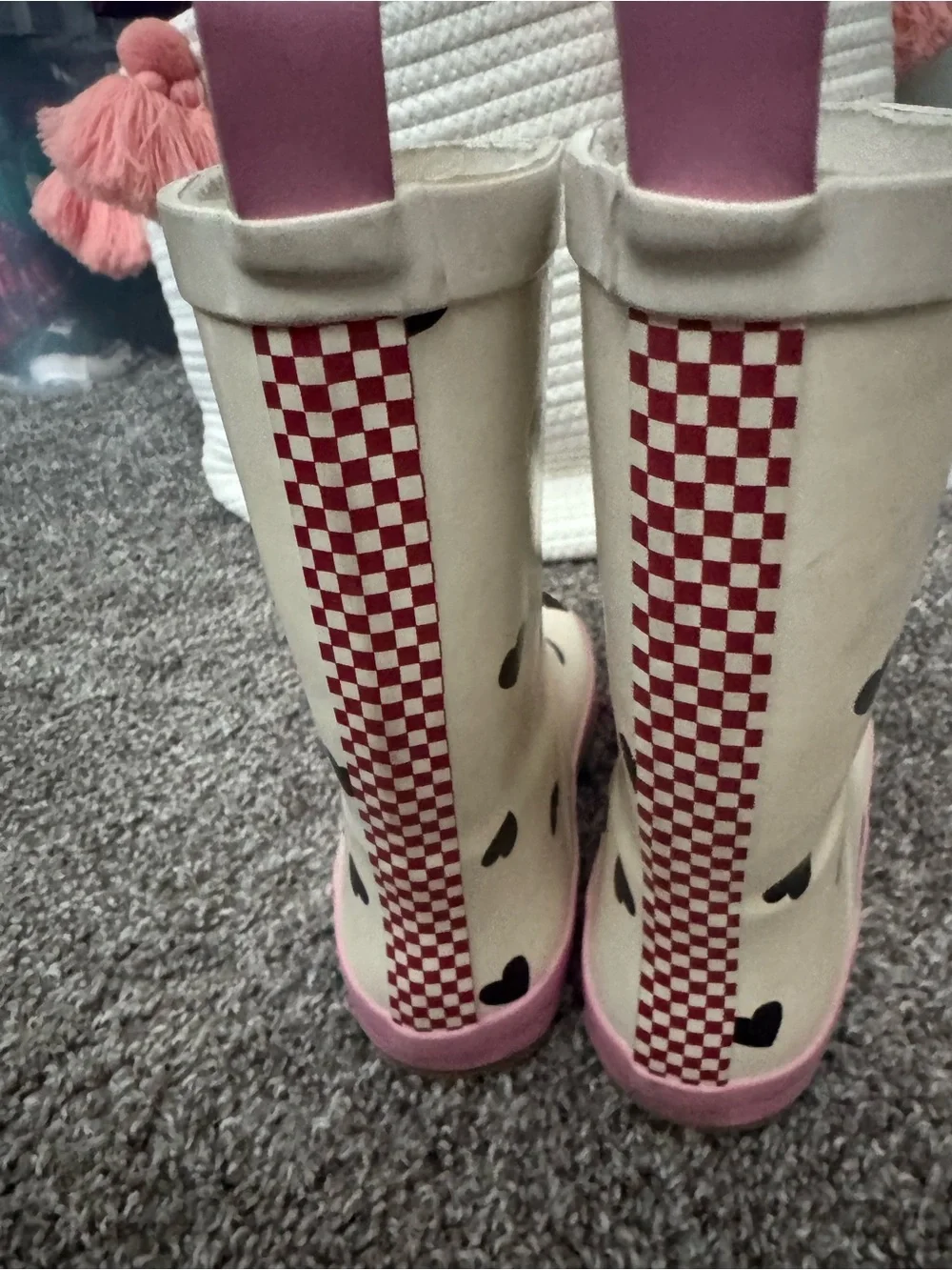 Kids Cream Heart Rain Boots with Pink Trim